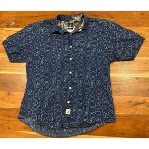 Volcom Stone Mens Blue Teal Geometric Logo Button Down Shirt Classic Fit Medium